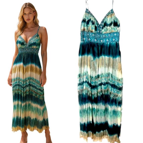 VTG. Y2K XSCAPE 100% SILK BEADED FLOWY MERMAID MAXI FORMAL DRESS SZ. 12 L‎ NWOT - Picture 1 of 7
